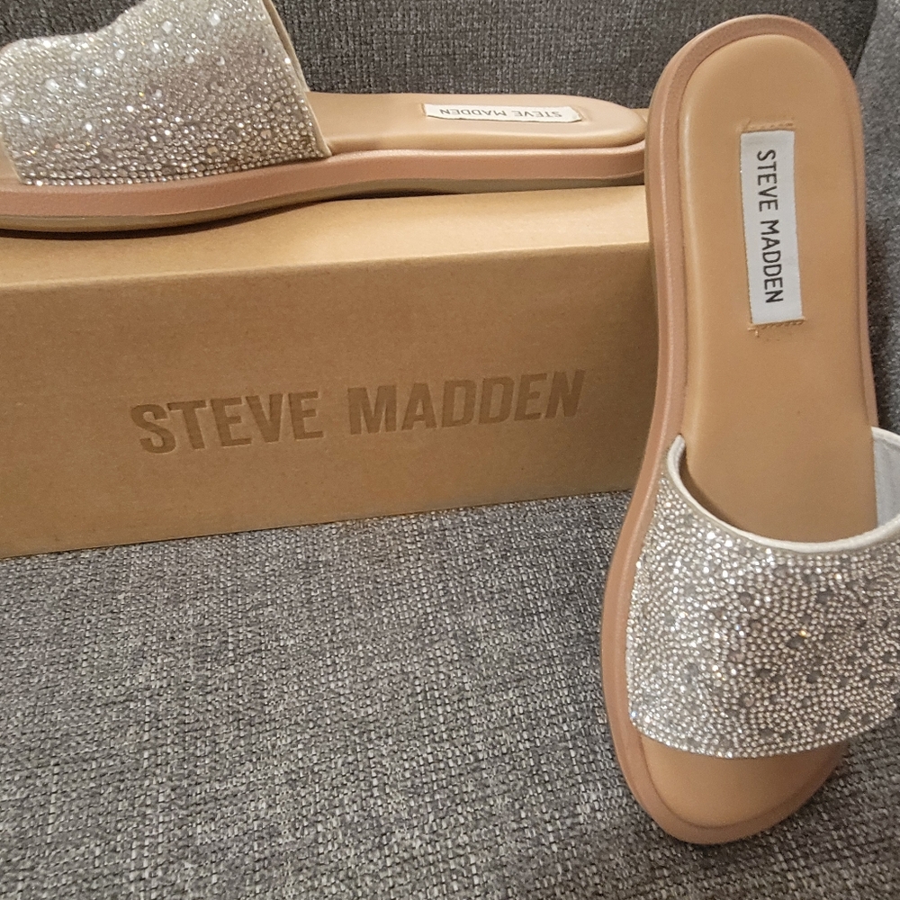 Steve Madden Silver Rhinestone Women's Slide Sandals - Picture 11 of 11